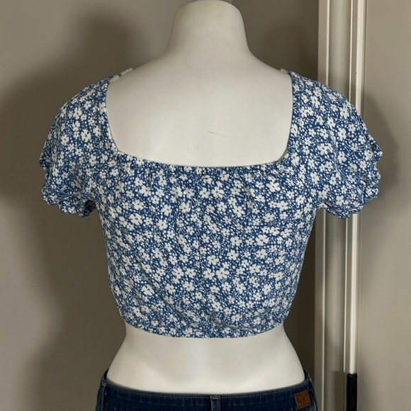 Reformation Azzuro Floral Peasant Crop Top Blue White Crop Scoop Neck Shirt Sz 6 - Picture 4 of 8